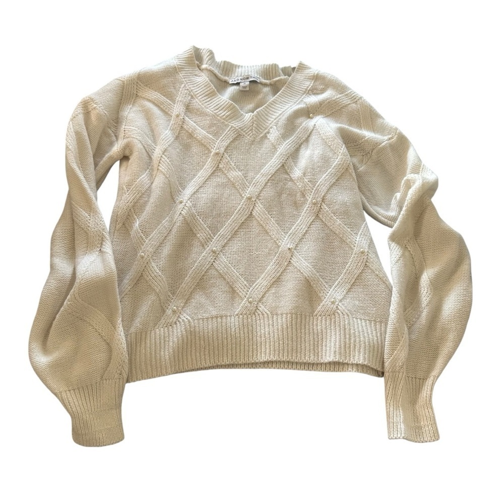 Cream V-Neck Sweater with Geometric Cable Knit